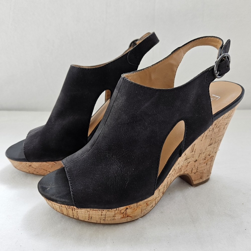 Franco Sarto Gabriel Black Suede Platform Wedge Sandal Shoes Size 9‎